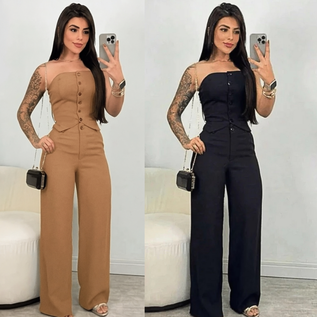 Conjunto Alfaiataria Cropped Tomara que Caia Social Elegante Calça Pantalona Blusa Elástico Lastex Botão Verão Feminino