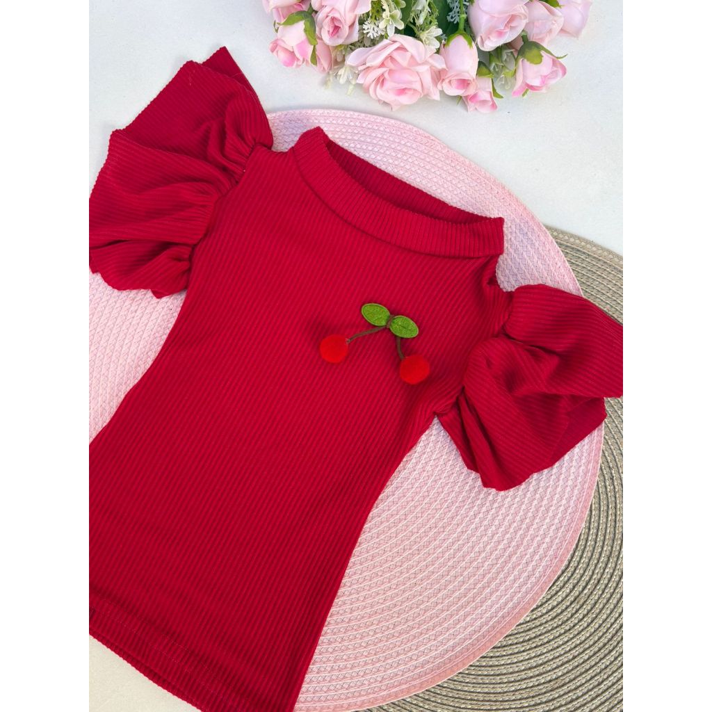 Blusa Infantil Cropped Frufru Canelada Ribana Cerejinha Delicada Feminina