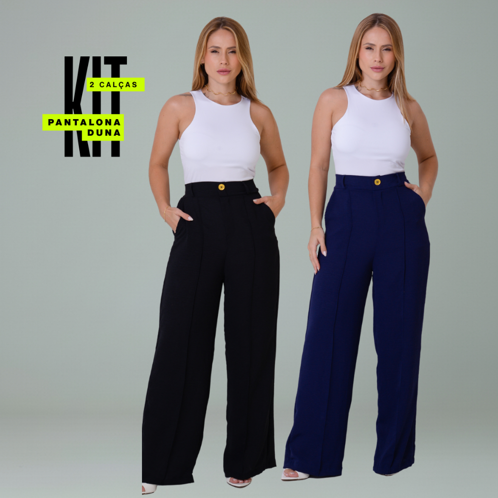 Kit 2 Calça Pantalona Feminina Wide Leg Duna Lisa Botão Verão Tendência em Oferta na Shopee