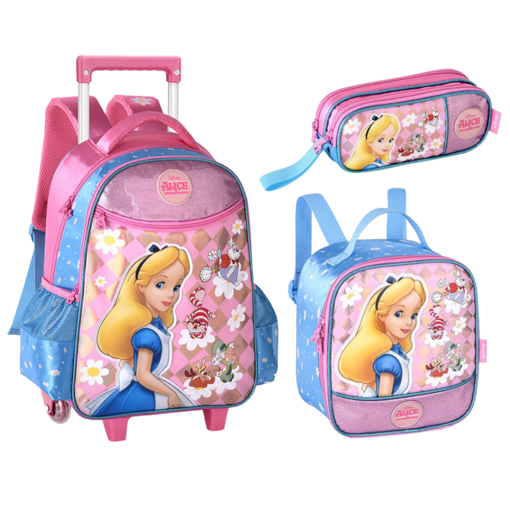 Kit Alice Mochila Rodinhas Alice Lancheira Estojo Clio Style