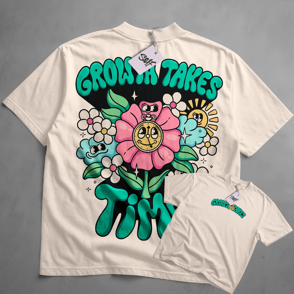 Camiseta Oversized Growth Takes Time Flowers Estilo Streetwear
