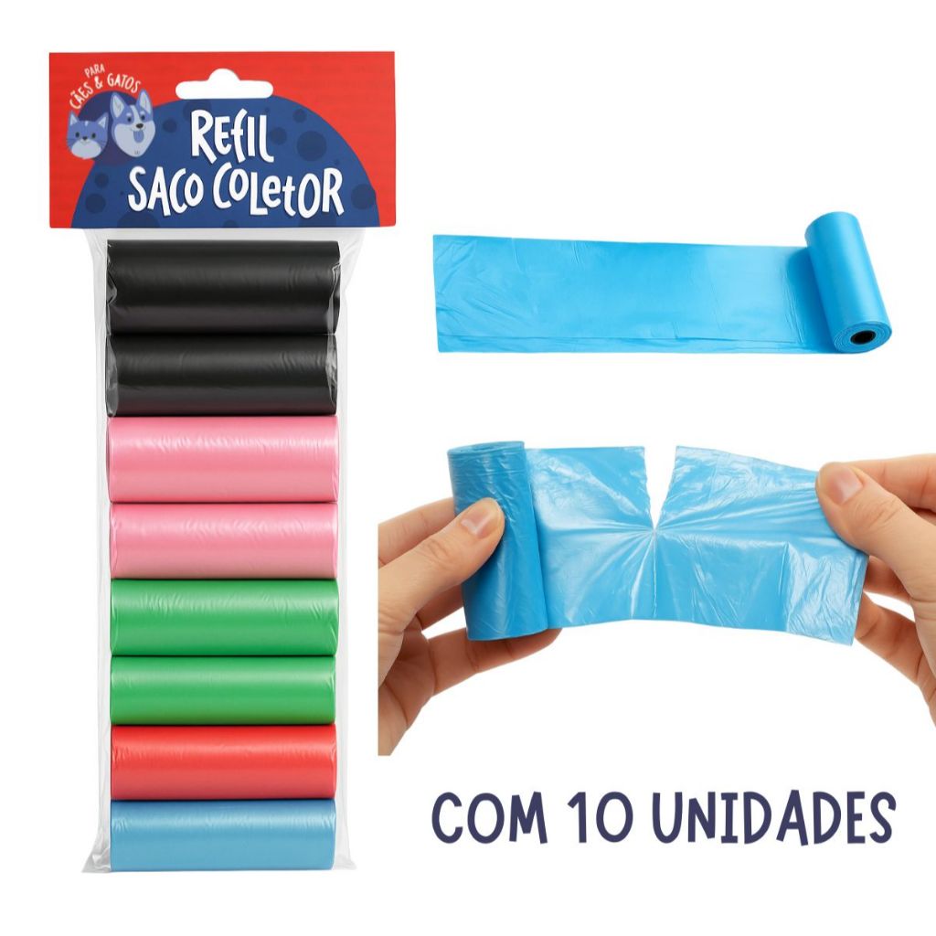 Refil Cata Caca Sacolas Saquinhos Biodegradável Prático Para Pet Kit c/ 10 rolos