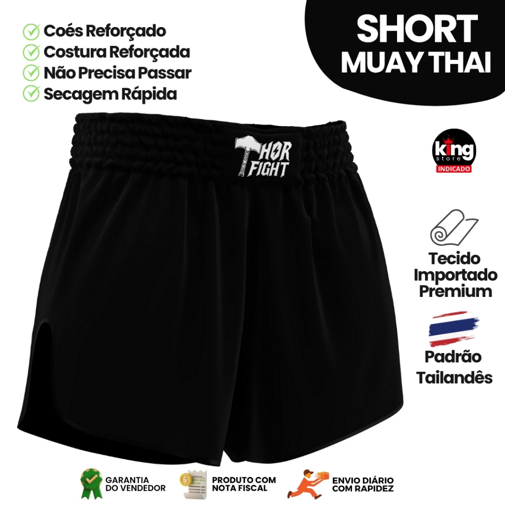 Short Muay Thai Preto Liso Unissex Premium Padrão Tailandês Alta Qualidade Treino Luta