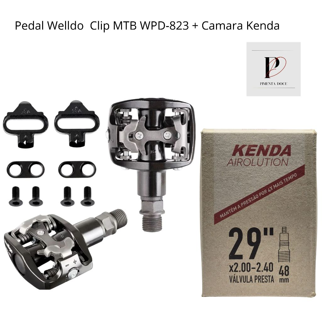 Pedal Wellgo Clip MTB WPD-823 Pto, Eixo Grosso 9/16 com TacosCamara Ar 29 X 2.0/2.4 Valvula Presta 48mm Kenda Airolution