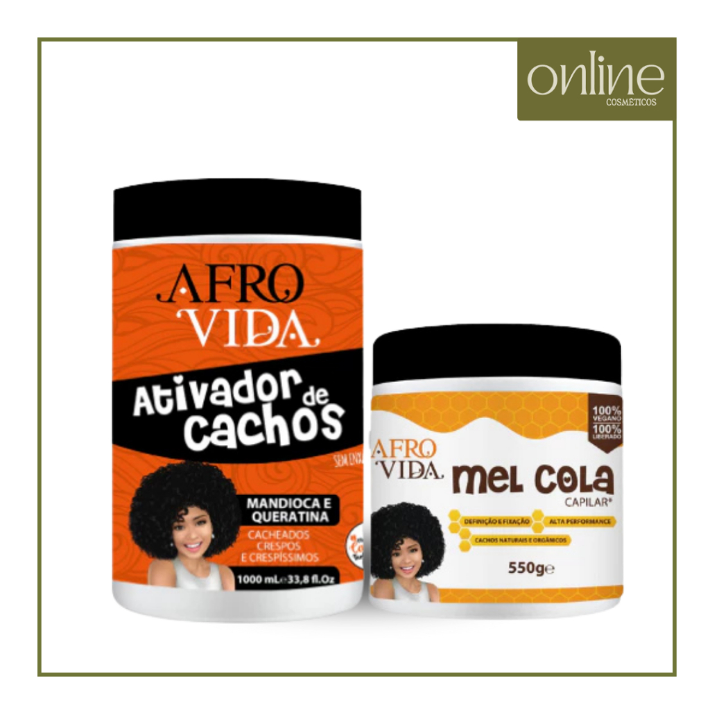 Kit Afro vida Mel cola 550g + Ativador de Cachos 1KG Mandioca e Queratina  Definição, Nutrição e Força Vegano e Liberado