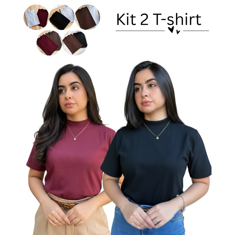 Kit 2 Camisetas Femininas Básicas Gola Alta Algodão Lisa Moderna Elegante Casual Confortável e Estilosa em Oferta na Shopee