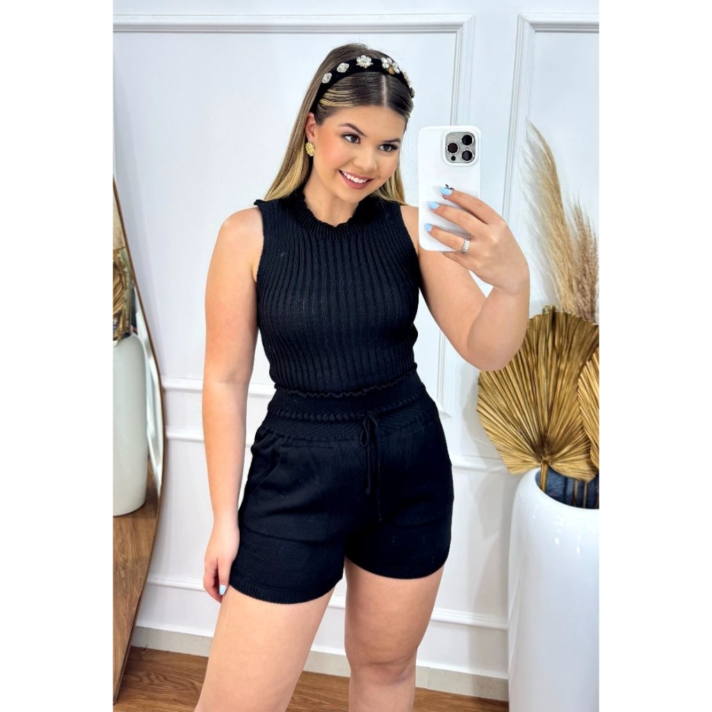 Conjunto Tricot Feminino Estilosa  Garrafinha + Short confortável  Moda  meia estação em Oferta na Shopee