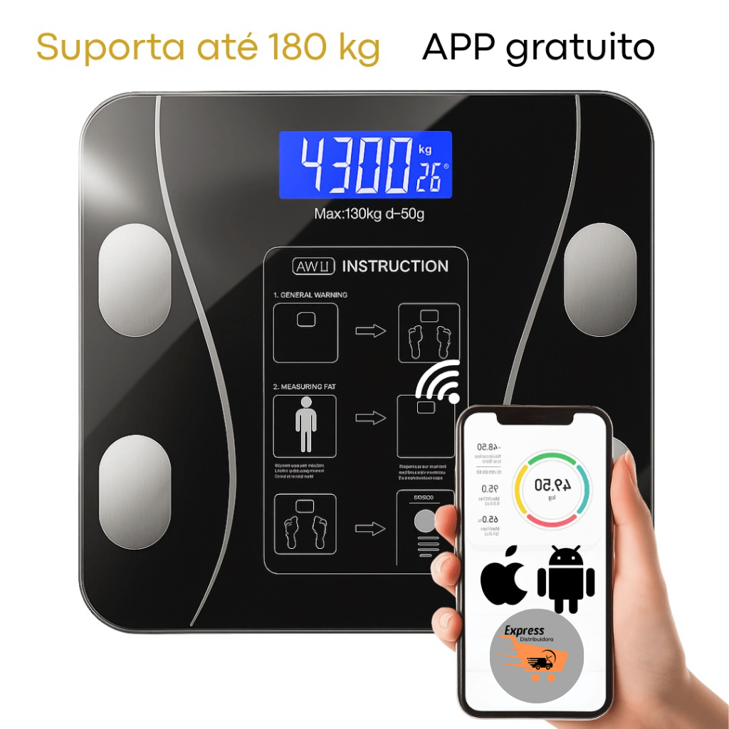 Balança Bioimpedância Medidora Corporal Bluetooth Até 180 Kg + Balança De Cozinha Precisão Digital 1g Até 10 Kg