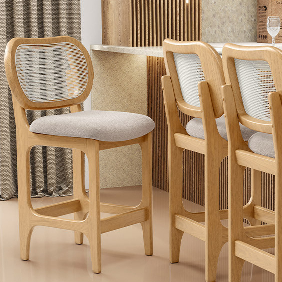 Banqueta Baixa Bar Cozinha Sala de Jantar Betta L02 Mel Tela Bouclê Creme - Lyam Decor