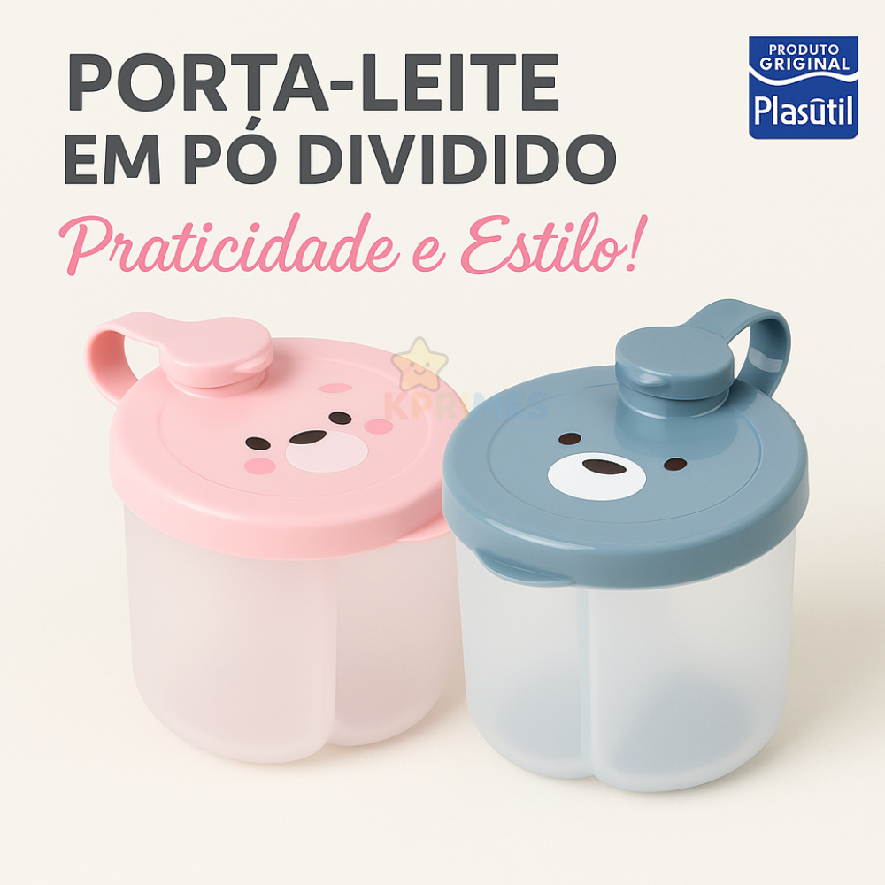 Porta Leite em Pó Dividido Infantil – Dosador com 3 Compartimentos Urso Plasútil (Rosa/Azul) em Oferta na Shopee