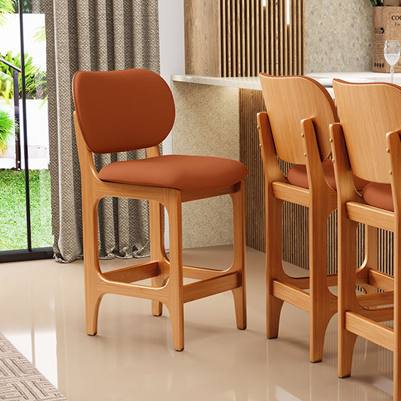 Banqueta Baixa Bar Cozinha E Sala De Jantar Fixa Betta L02 Imbuia Tecido Terracota - Lyam Decor