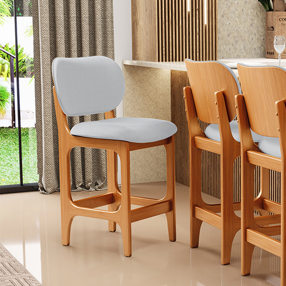 Banqueta Baixa Bar Cozinha E Sala De Jantar Fixa Betta L02 Imbuia Linho Cinza - Lyam Decor