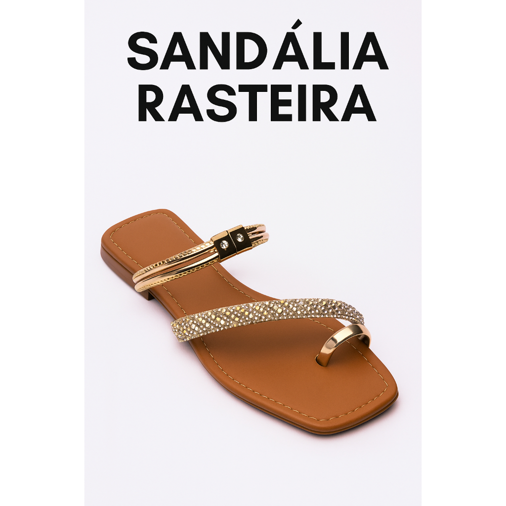 Sandália Rasteira Feminina Caramelo com Strass – Duas Formas de Uso, Confortável, Elegante e Leve