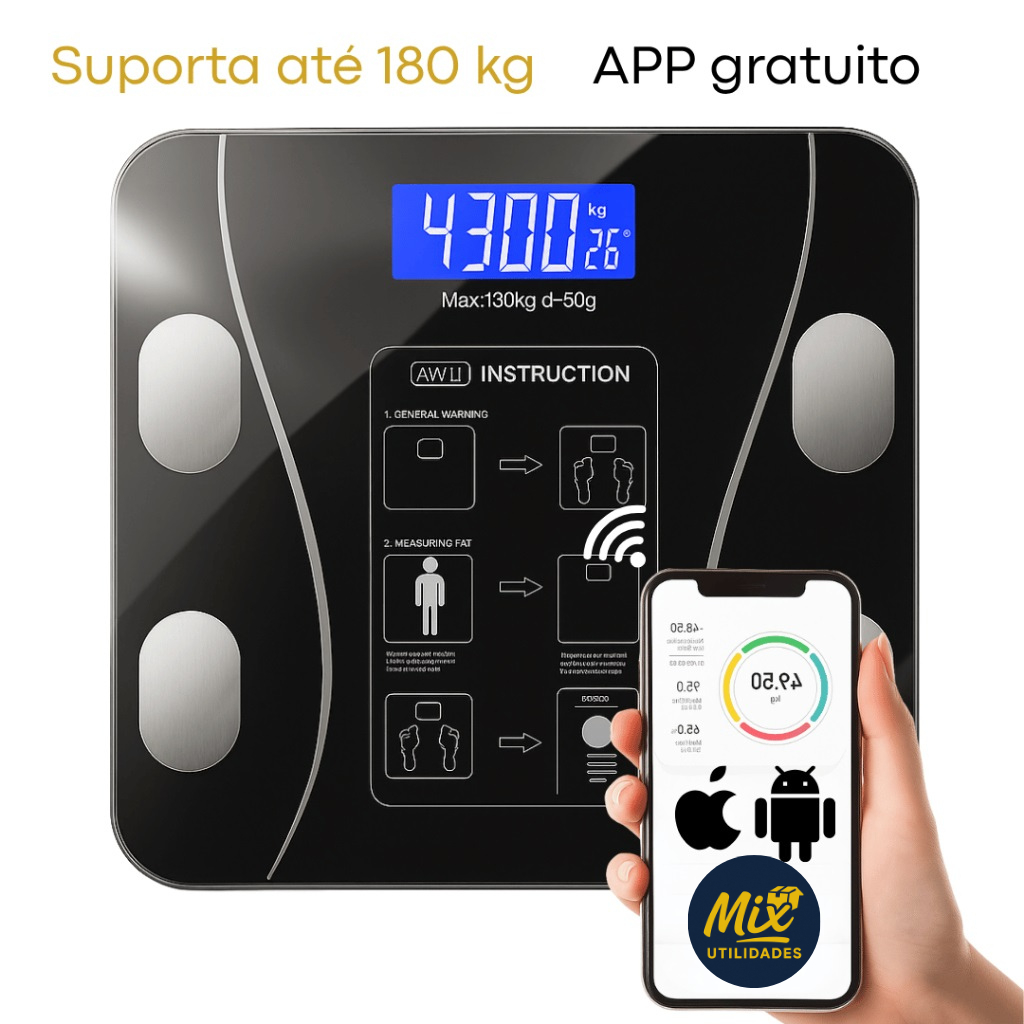 Balança Bioimpedância Medidora Corporal Bluetooth Digital Até 180 Kg