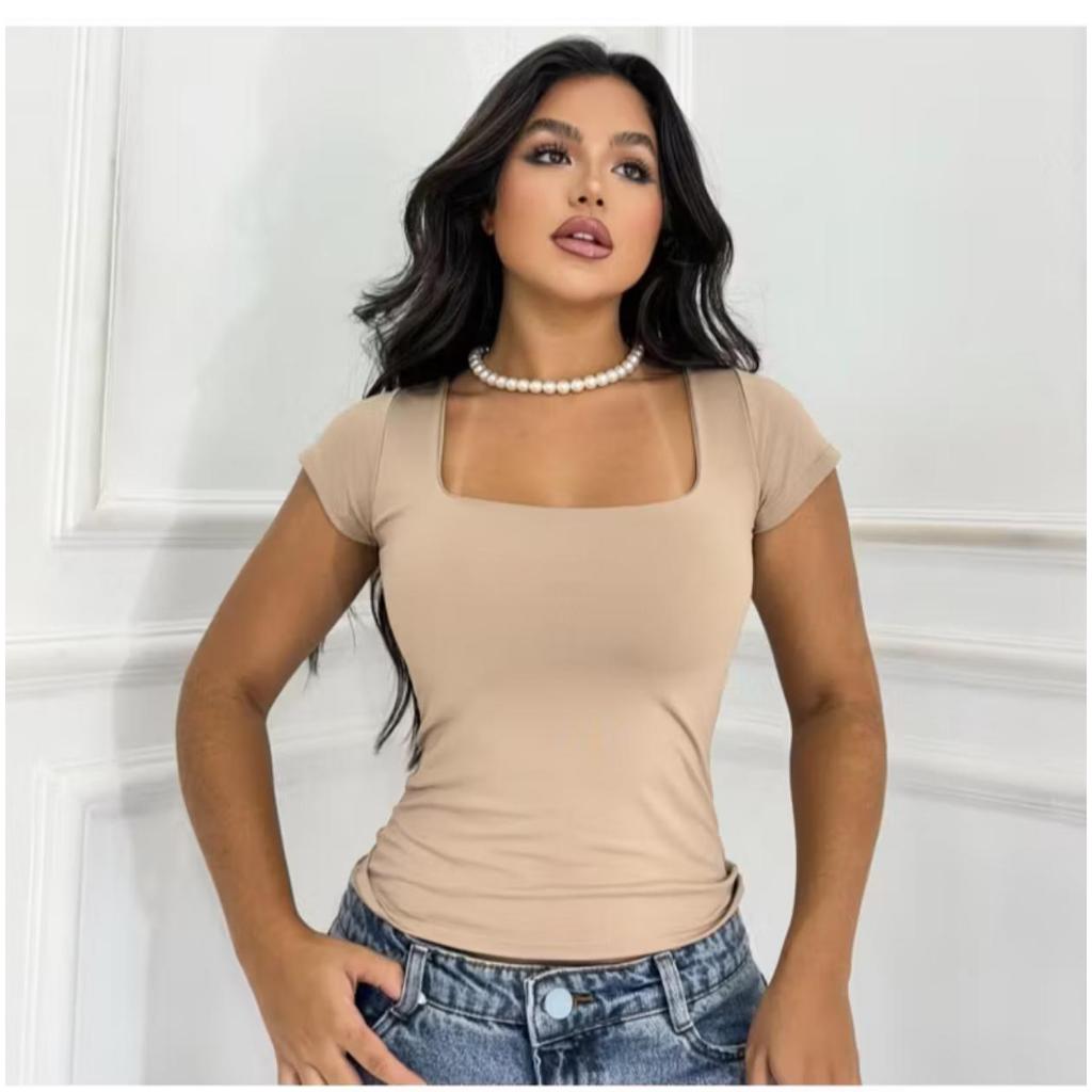 Blusas Manga Curta Com Decote Gola Quadrado Blusinha Suplex Premium Moda Verão Básica Baby look - Envio Imediato