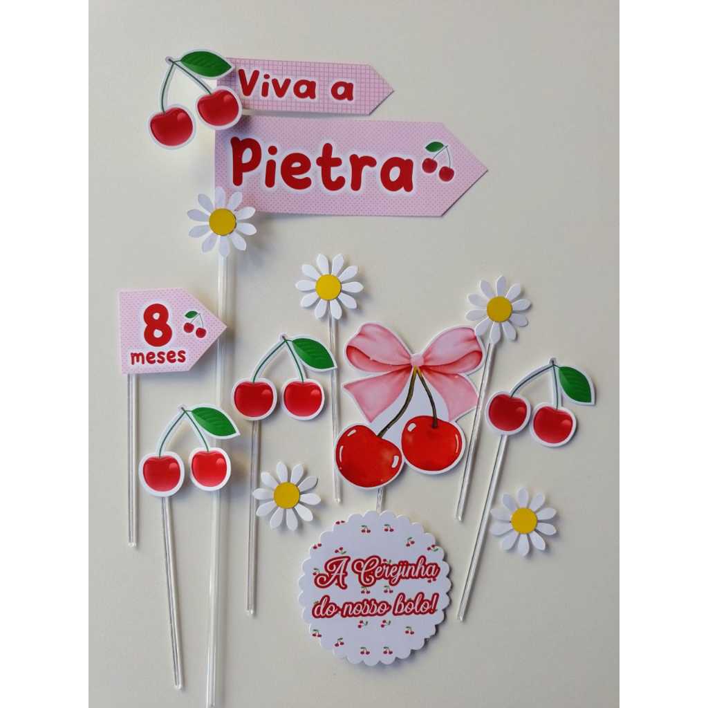 Topo de Bolo Personalizado Cerejinha - Mesversário - Festa Infantil - Envio Rápido - Topper Personalizado Aniversário
