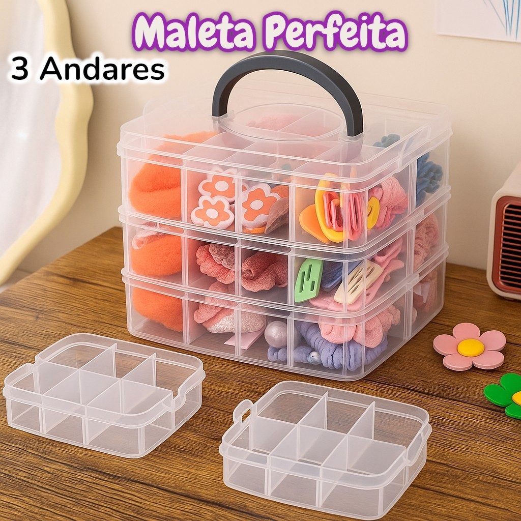Maleta Organizadora Multiuso Transparente com Alça ideal para Maquiagens, Bijuterias 3 Andares 18 Divisórias Plástic
