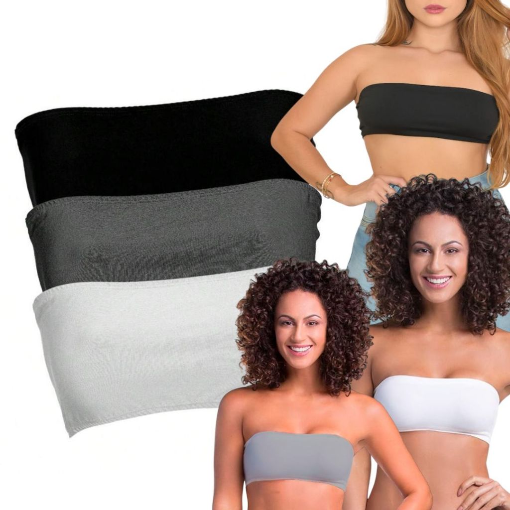 Kit 2E 3 Top Faixa Duplo Tomara Que Caia, VÁRIAS CORES, Cropped Sem Bojo, Tecido Liso Com Forro Duplo Confortável