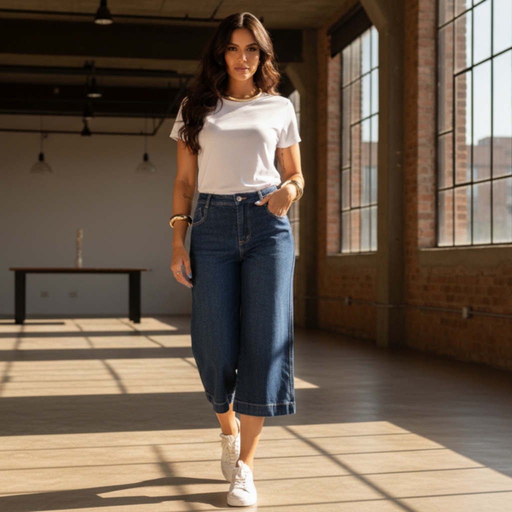 Calça Jeans Feminina Pantacourt Pantalona Sem Fenda Com Elastano Cos Alto Confortável Calor Viagem em Oferta na Shopee