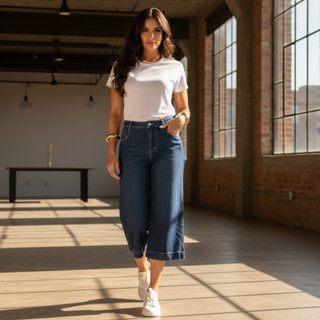 Calça Jeans Feminina Pantacourt Pantalona Sem Fenda Com Elastano Cos Alto Confortável Calor Viagem