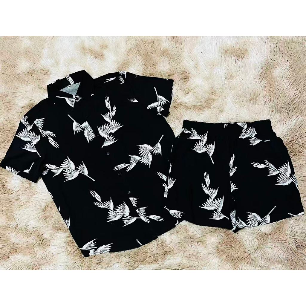 Conjunto Camisa e Short Florido Havaiano Estampado Floral Adulto Masculino Tecido de Viscose