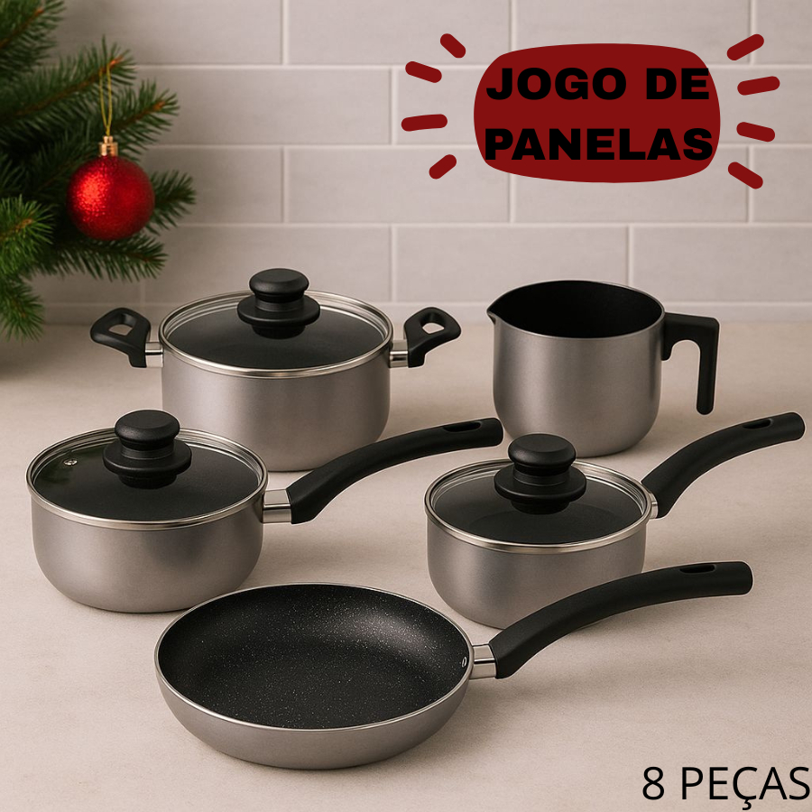 Jogo de Panelas Caçarola Frigideira Leiteira Utensilios Conjunto Kit 8 Peças Alumínio Presente Natal