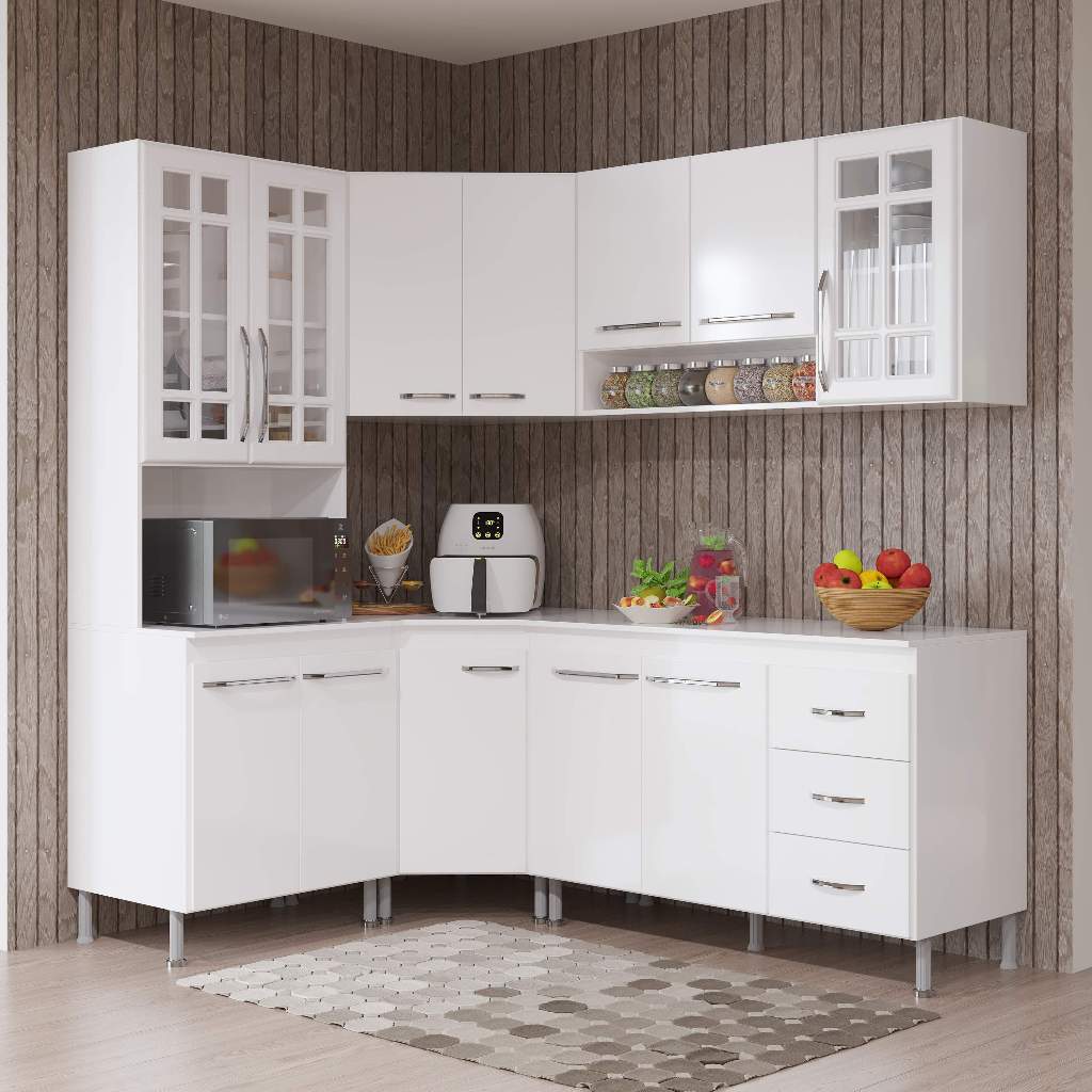Armário de Cozinha Modulada Completa Fidelitá Viena 5 Peças 340cm 12 Portas 3 Gavetas Com Tampo Branco