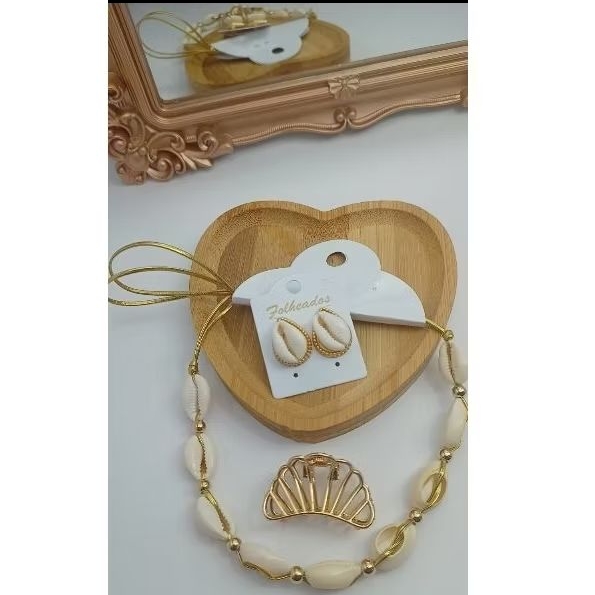Kit Colar Búzios + Brinco Búzio Folheado + Mini Piranha Dourada | Acessórios Femininos Verão