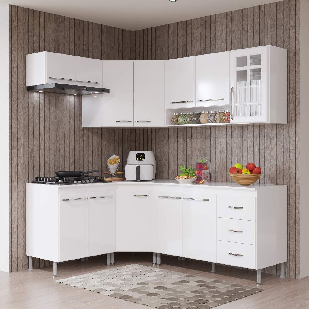 Armário de Cozinha Modulada Completa Fidelitá Viena 6 Peças 340cm 12 Portas 3 Gavetas Com Tampo Branco