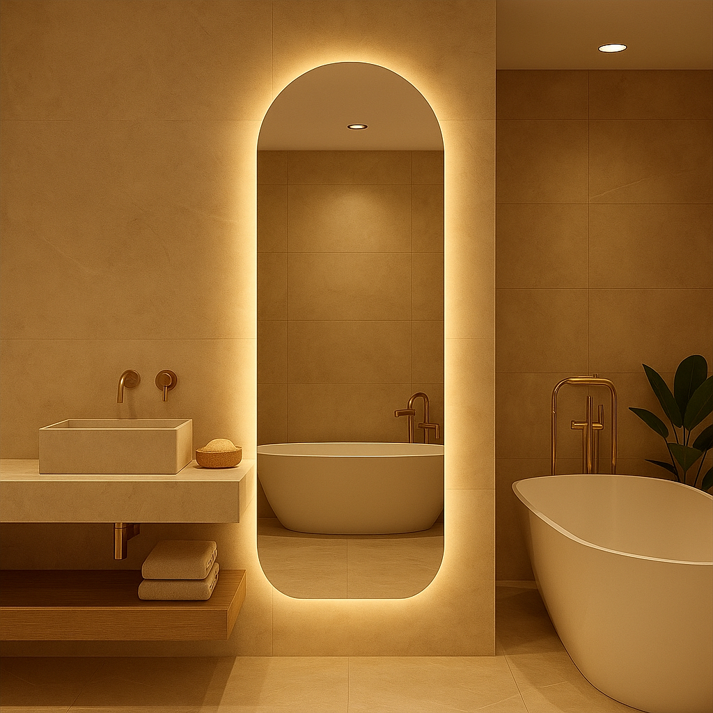 Espelho Oval Base Reta Led 150cm x 40cm 170cm x 50cm Luz Branco e Luz Amarela Flame Quarto Sala Salão Loja Luxo em Oferta na Shopee