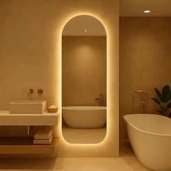 Espelho Oval Base Reta Led 150cm x 40cm 170cm x 50cm Luz Branco e Luz Amarela Flame Quarto Sala Salão Loja Luxo