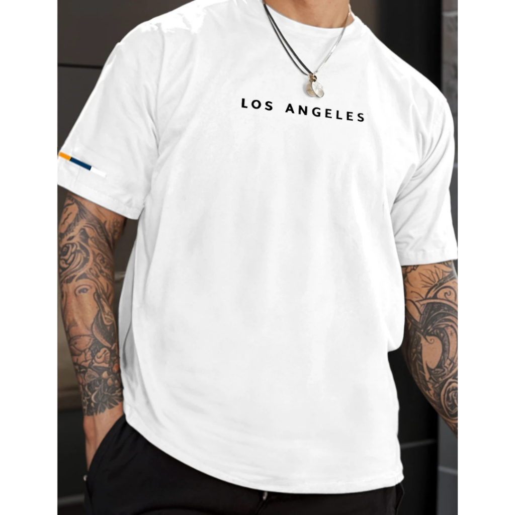 Camiseta Masculina T-Shirt Oversized Los Angeles Branca 100% Algodão Detalhe Manga Verão Urban  Lisa