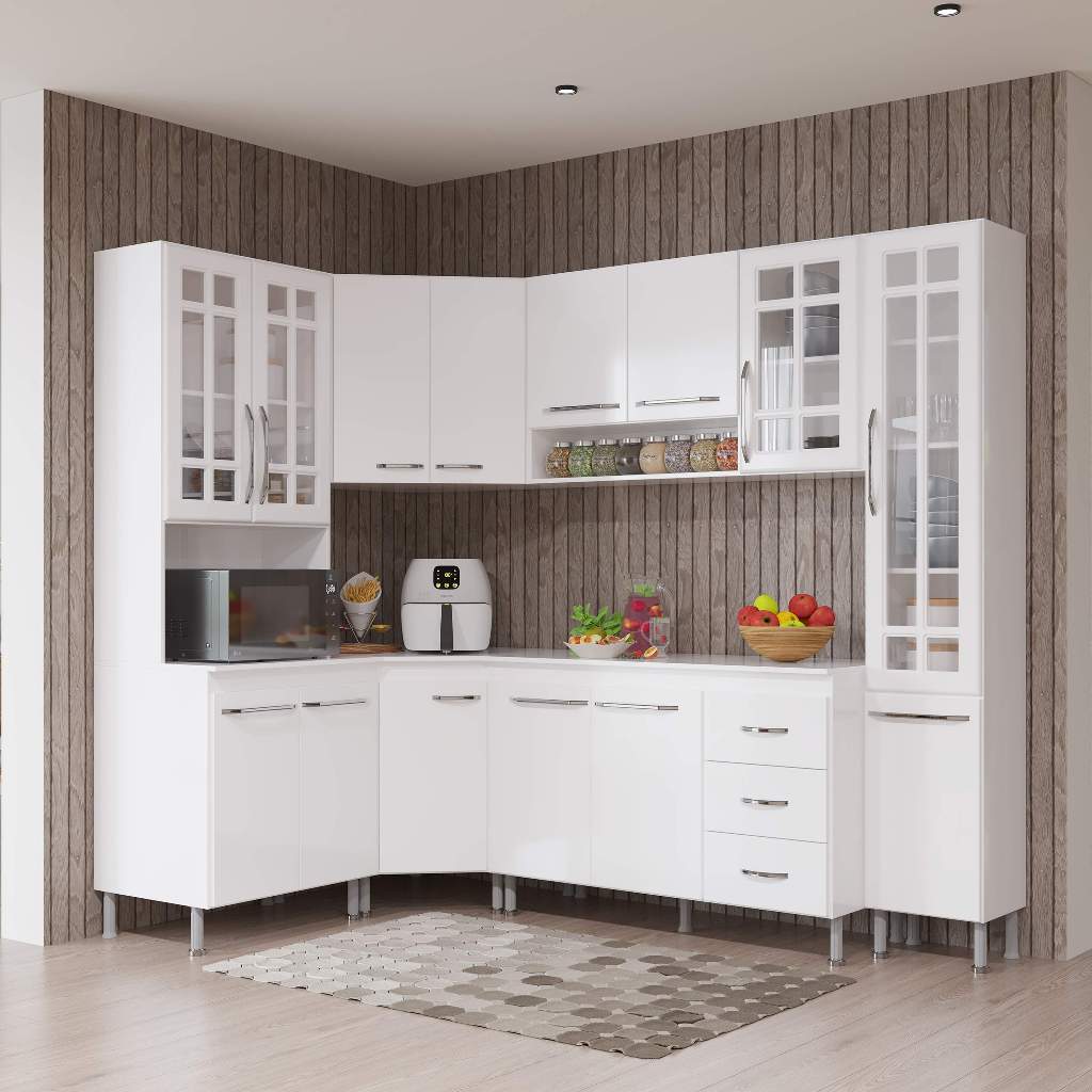 Armário de Cozinha Modulada Completa Fidelitá Viena 6 Peças 375cm 14 Portas 3 Gavetas Com Tampo Branco em Oferta na Shopee