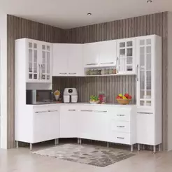 Armário de Cozinha Modulada Completa Fidelitá Viena 6 Peças 375cm 14 Portas 3 Gavetas Com Tampo Branco