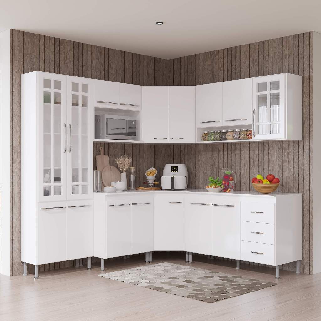 Armário de Cozinha Modulada Completa Fidelitá Viena 7 Peças 410cm 16 Portas 3 Gavetas Com Tampo Branco em Oferta na Shopee