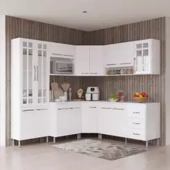 Armário de Cozinha Modulada Completa Fidelitá Viena 7 Peças 410cm 16 Portas 3 Gavetas Com Tampo Branco