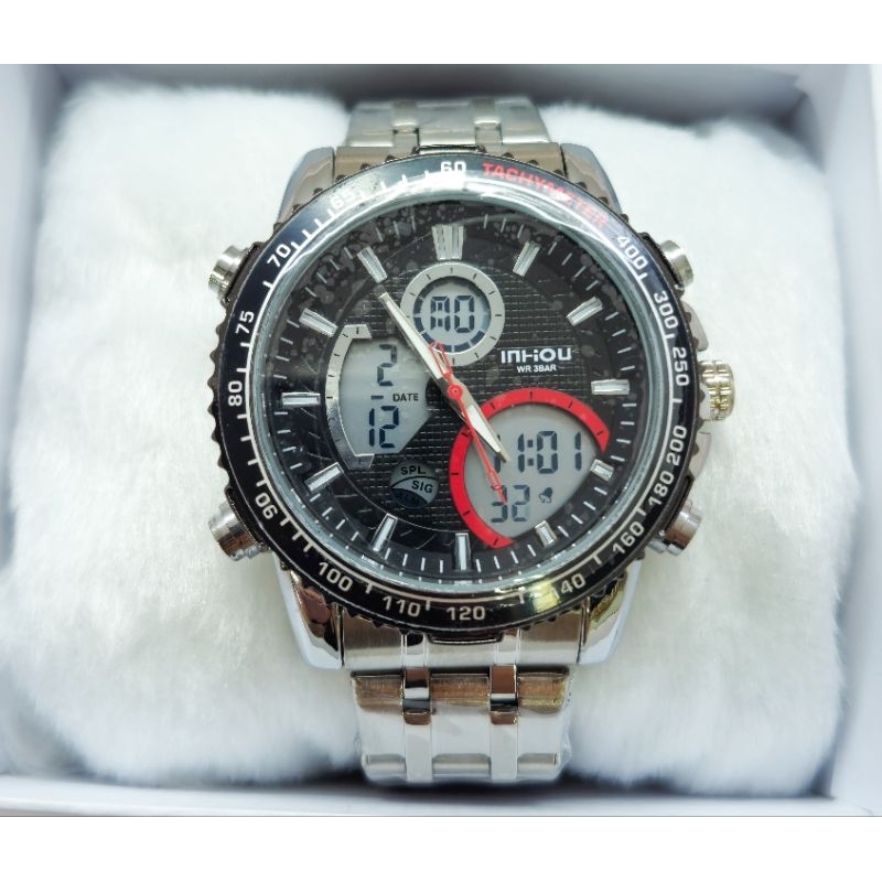 Relógio Masculino INHOU 1815 Original Analógico Digital Pulseira Aço Prata LED Cronômetro Luxo
