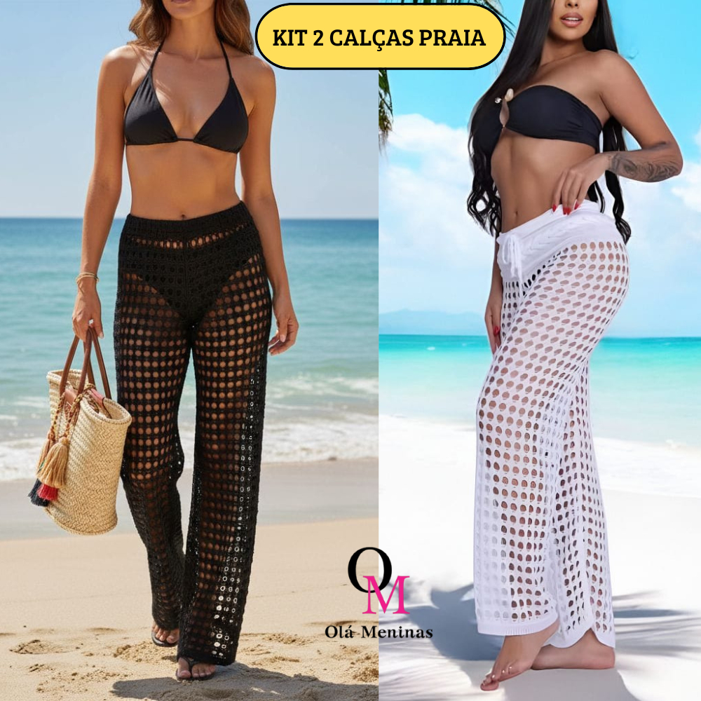 KIT 2 Calças Feminina Saída de Praia Piscina Pantalona Tricô Preta e Branca