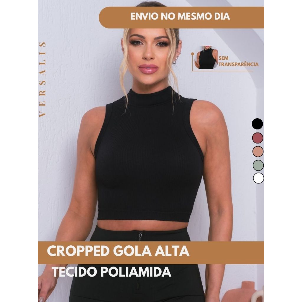 Cropped Gola Alta Poliamida Canelado Regata S/ Transparencia Premium Uso Casual Esportivo Academia