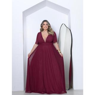 Vestido Plus Size de Tule com Manga 3/4 Ideal para Festas, Casamentos e Madrinhas em Oferta na Shopee