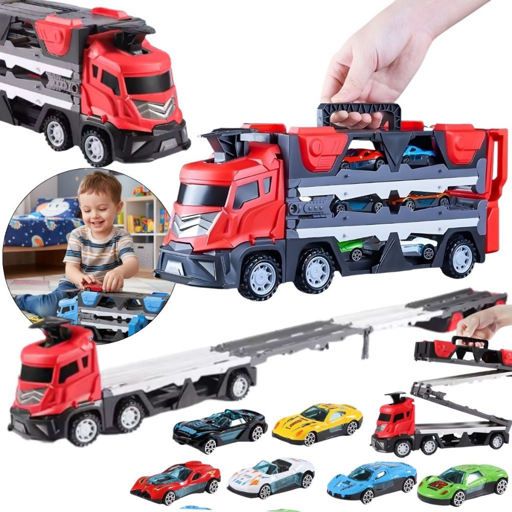 Brinquedo Caminhão Cegonheira Carreta Transporte Pista e Carrinhos Mais Lançador Brinquedos Infantil