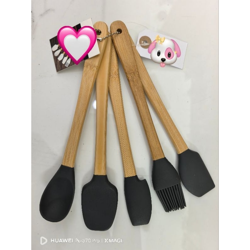 Jogo5 Utensílios  Silicone Cabo Bambu Mini Cozinha Decoração Pincel Espátulas Colher em Oferta na Shopee