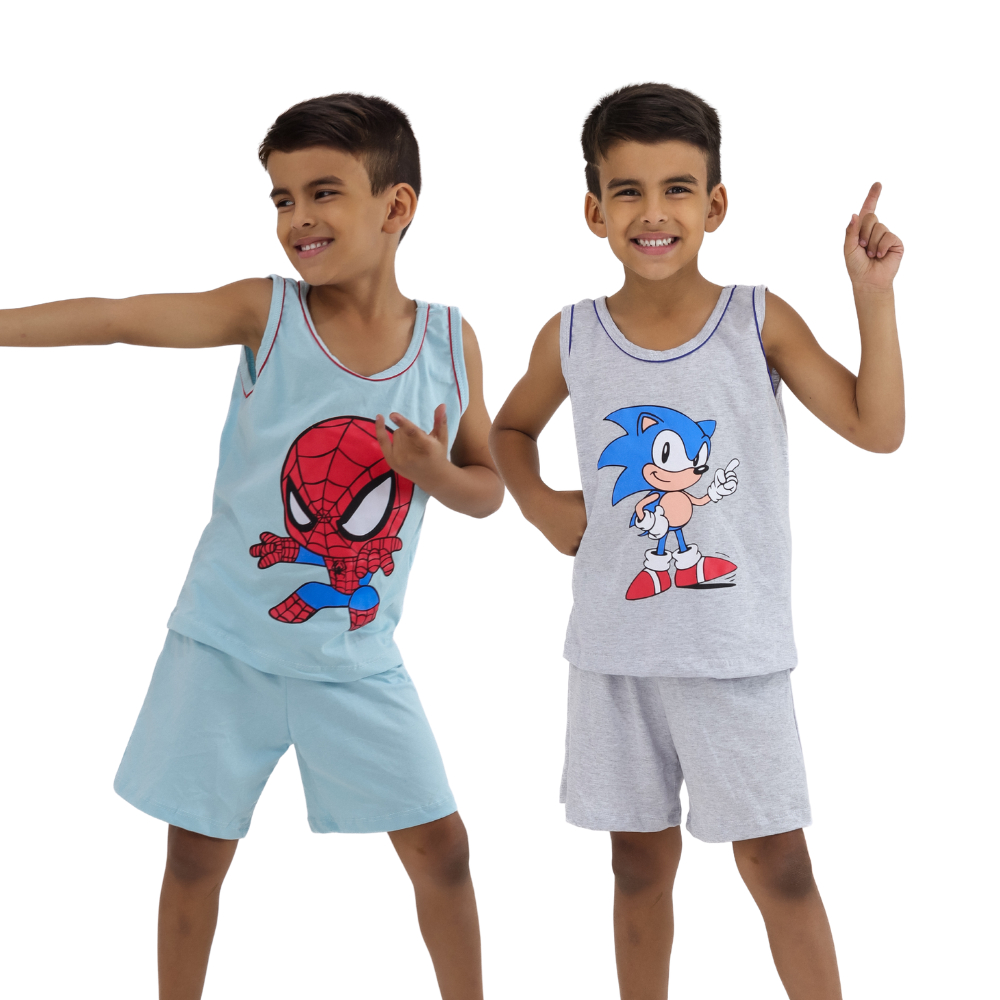Kit 2 Pijama Infantil Menino Algodão Verão Conjunto Curto com Personagens Leve e Fresco