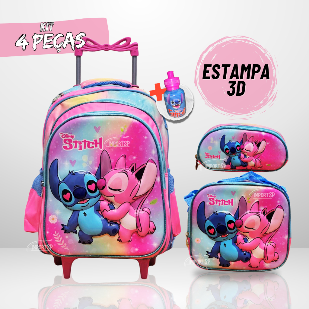 Mochila Escolar de rodinha Stitch + Lancheira Térmica + Estojo + 3d em Oferta na Shopee