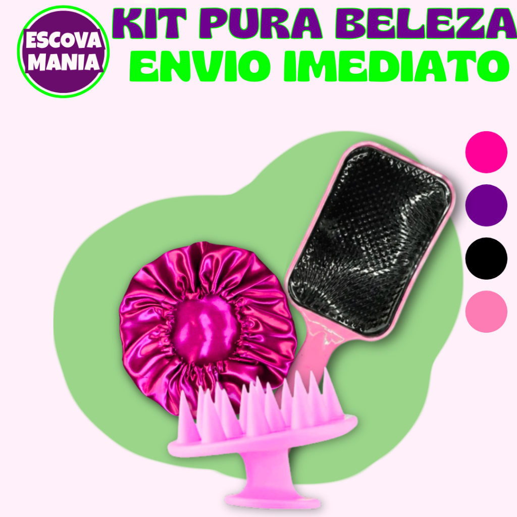 Kit Pura Beleza 3 ITENS - 1 Escova Raquete + 1 Escova Massageadora + 1 Touca De Cetim + Anti Frizz - De Desembaraçar Cab em Oferta na Shopee