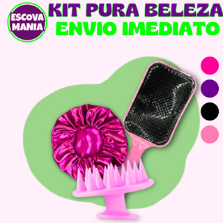 Kit Pura Beleza 3 ITENS - 1 Escova Raquete + 1 Escova Massageadora + 1 Touca De Cetim + Anti Frizz - De Desembaraçar Cab em Oferta na Shopee
