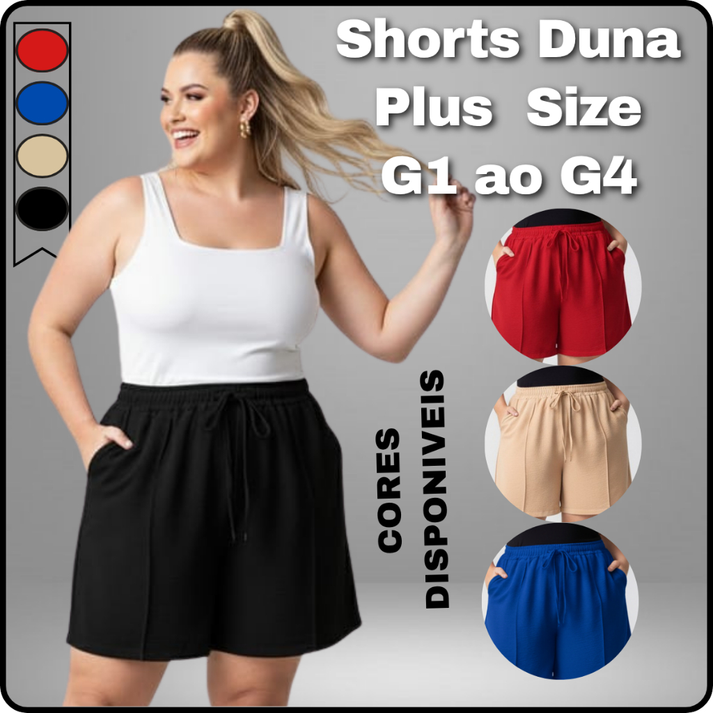 Short Duna Feminino Plus Size tecido Leve Para Verão Soltinho Cintura Alta, Bermuda, G1,G2,G3, G4 em Oferta na Shopee