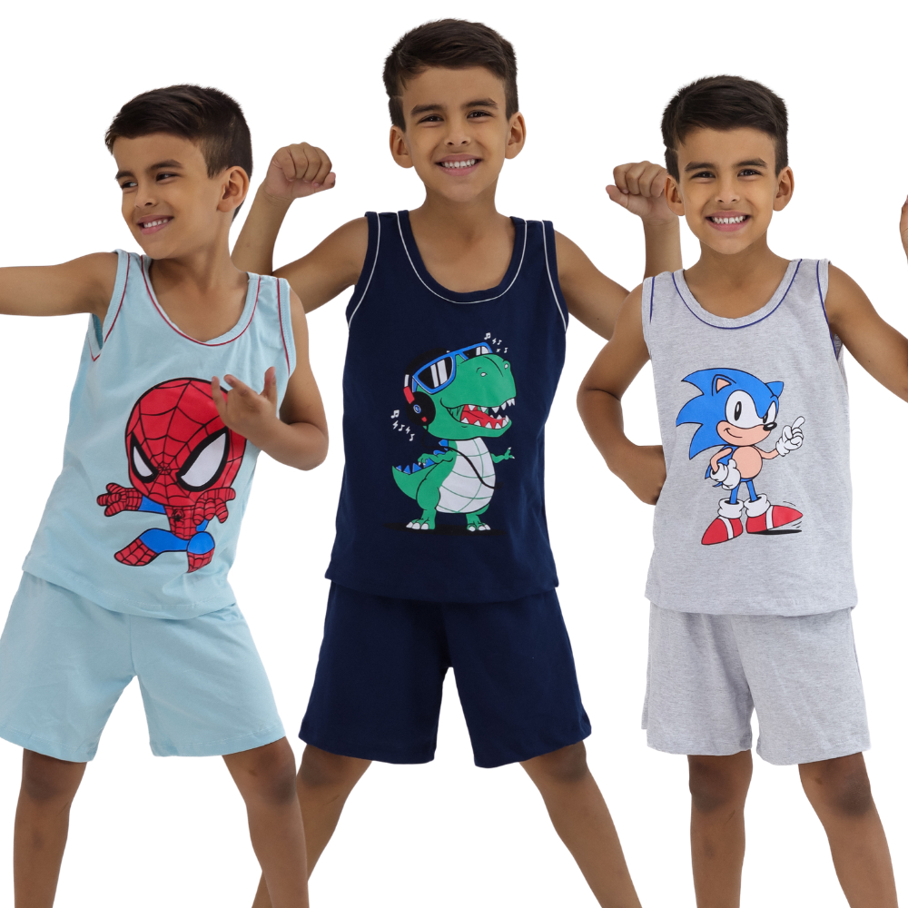 Kit 3 Pijama Infantil Menino Algodão Verão Conjunto Curto com Personagens Leve e Fresco