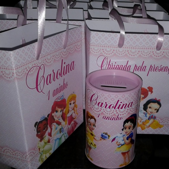 KIT  PRINCESAS COFRINHO PERSONALIZADO + SACOLINHA Lembrancinha Aniversario Festa Princesas Disney