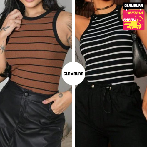 Kit 2 Camiseta Regata Feminina Listradas Canelada Nadador – Blusa Básica Ribana